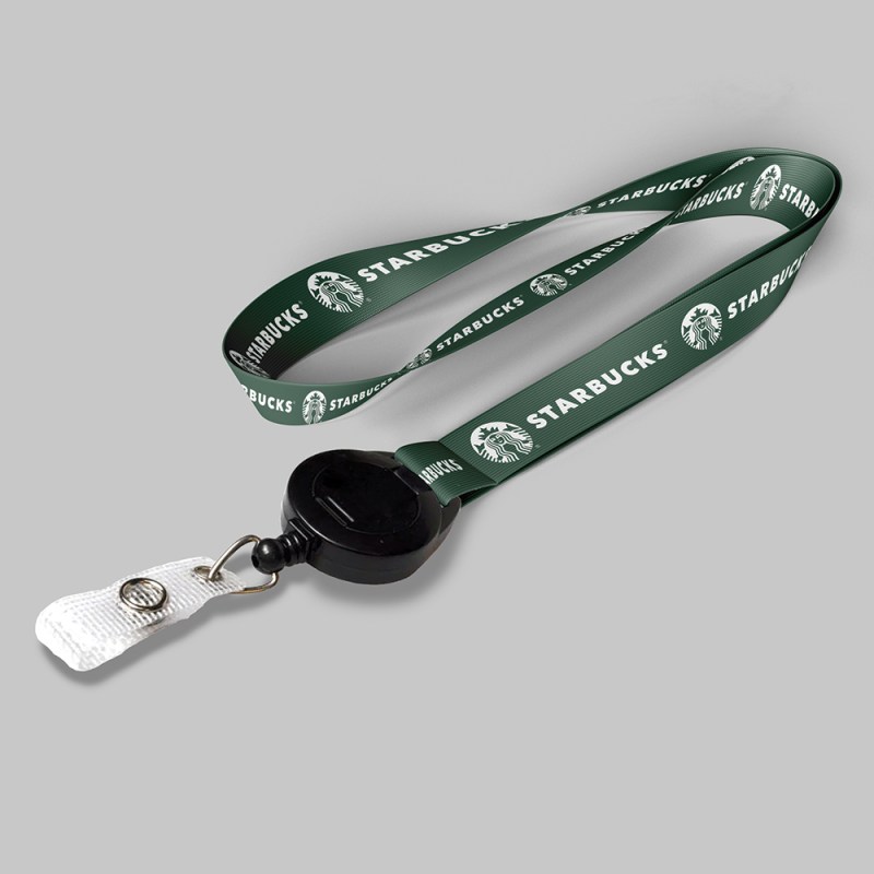 5/8" Dark Green custom lanyard printed with company logo with Black Badge Reel attachment 0.625" 1 5/8" Dark Green custom lanyard printed with company logo with Black Badge Reel attachment 0.625" 1
