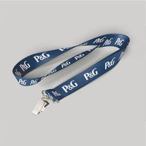 3/4" Navy Blue custom lanyard printed with company logo with bulldog clip attachment 0.75" 1 3/4" Navy Blue custom lanyard printed with company logo with bulldog clip attachment 0.75" 1