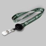 3/4" Dark green custom lanyard printed with company logo with Black Badge Reel attachment 0.75" 1 3/4" Dark green custom lanyard printed with company logo with Black Badge Reel attachment 0.75" 1