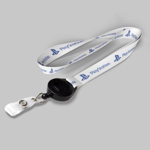 5/8" White custom lanyard printed with company logo with Black Badge Reel attachment 0.625" 1 5/8" White custom lanyard printed with company logo with Black Badge Reel attachment 0.625" 1