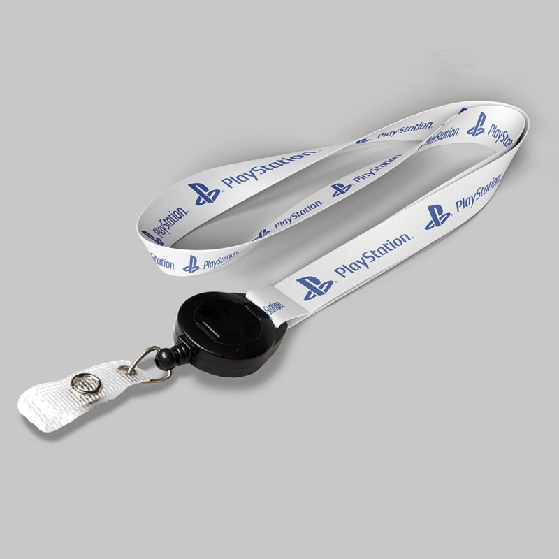 1/2" White custom lanyard printed with company logo with Black Badge Reel attachment 0.50" 1 1/2" White custom lanyard printed with company logo with Black Badge Reel attachment 0.50" 1