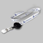 1/2" White custom lanyard printed with company logo with Black Badge Reel attachment 0.50" 1 1/2" White custom lanyard printed with company logo with Black Badge Reel attachment 0.50" 1