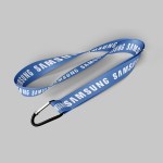 3/4" Royal blue custom lanyard printed with company logo with Carabiner Keychain attachment 0.75" 1 3/4" Royal blue custom lanyard printed with company logo with Carabiner Keychain attachment 0.75" 1