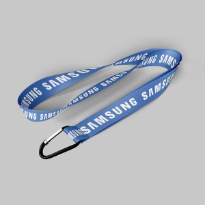 3/4" Royal blue custom lanyard printed with company logo with Carabiner Keychain attachment 0.75" 1 3/4" Royal blue custom lanyard printed with company logo with Carabiner Keychain attachment 0.75" 1