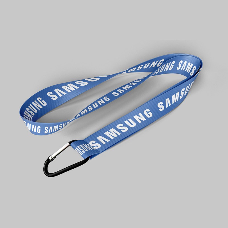3/4" Royal blue custom lanyard printed with company logo with Carabiner Keychain attachment 0.75" 1 3/4" Royal blue custom lanyard printed with company logo with Carabiner Keychain attachment 0.75" 1