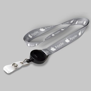 5/8" Gray custom lanyard printed with company logo with Black Badge Reel attachment 0.625" 1 5/8" Gray custom lanyard printed with company logo with Black Badge Reel attachment 0.625" 1