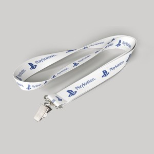 3/4" White custom lanyard printed with company logo with Bulldog Clip attachment 0.75" 1 3/4" White custom lanyard printed with company logo with Bulldog Clip attachment 0.75" 1