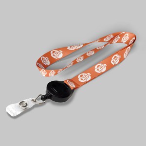 1/2" Light orange custom lanyard printed with company logo with Black Badge Reel attachment 0.50" 1 1/2" Light orange custom lanyard printed with company logo with Black Badge Reel attachment 0.50" 1