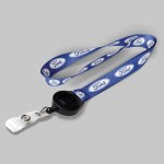 3/4" Blue custom lanyard printed with company logo with Black Badge Reel attachment 0.75" 1 3/4" Blue custom lanyard printed with company logo with Black Badge Reel attachment 0.75" 1
