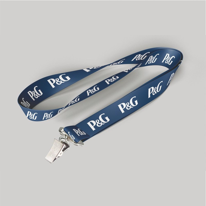 5/8" Navy Blue custom lanyard printed with company logo with Bulldog Clip attachment 0.625" 1 5/8" Navy Blue custom lanyard printed with company logo with Bulldog Clip attachment 0.625" 1