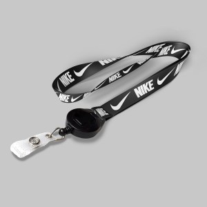 1/2" Black custom lanyard printed with company logo with Black Badge Reel attachment 0.50" 1 1/2" Black custom lanyard printed with company logo with Black Badge Reel attachment 0.50" 1