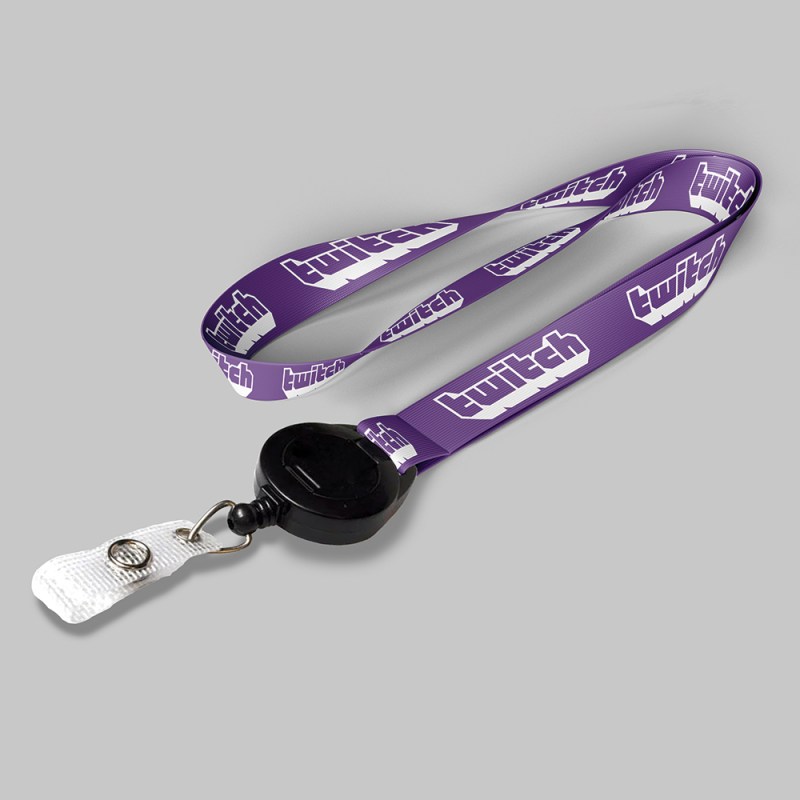 5/8" Purple custom lanyard printed with company logo with Black Badge Reel attachment 0.625" 1 5/8" Purple custom lanyard printed with company logo with Black Badge Reel attachment 0.625" 1