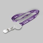 3/4" Purple custom lanyard printed with company logo with White Badge Reel attachment 0.75" 1 3/4" Purple custom lanyard printed with company logo with White Badge Reel attachment 0.75" 1