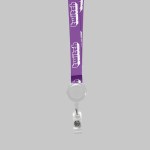 3/4" Purple custom lanyard printed with company logo with White Badge Reel attachment 0.75" 2 3/4" Purple custom lanyard printed with company logo with White Badge Reel attachment 0.75" 2