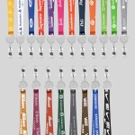 3/4" Purple custom lanyard printed with company logo with White Badge Reel attachment 0.75" 3 3/4" Purple custom lanyard printed with company logo with White Badge Reel attachment 0.75" 3