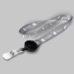 3/4" Gray custom lanyard printed with company logo with Black Badge Reel attachment 0.75" 1 3/4" Gray custom lanyard printed with company logo with Black Badge Reel attachment 0.75" 1