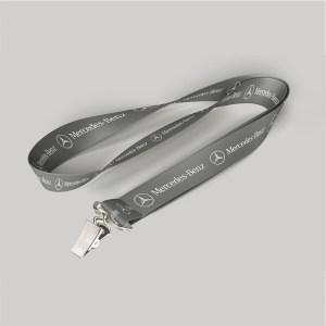 3/4" Charcoal custom lanyard printed with company logo with Bulldog Clip attachment 0.75" 1 3/4" Charcoal custom lanyard printed with company logo with Bulldog Clip attachment 0.75" 1