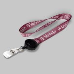 3/4" Fuchsia custom lanyard printed with company logo with Black Badge Reel attachment 0.75" 1 3/4" Fuchsia custom lanyard printed with company logo with Black Badge Reel attachment 0.75" 1