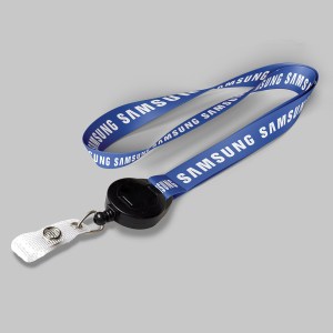 1" Royal Blue custom lanyard printed with company logo with Black Badge Reel attachment 1" 1 1" Royal Blue custom lanyard printed with company logo with Black Badge Reel attachment 1" 1