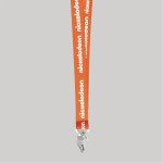 3/4" Orange custom lanyard printed with company logo with Bulldog Clip attachment 0.75" 2 3/4" Orange custom lanyard printed with company logo with Bulldog Clip attachment 0.75" 2
