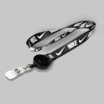 3/4" Black custom lanyard printed with company logo with Black Badge Reel attachment 0.75" 1 3/4" Black custom lanyard printed with company logo with Black Badge Reel attachment 0.75" 1