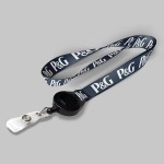 5/8" Navy Blue custom lanyard printed with company logo with Black Badge Reel attachment 0.625" 1 5/8" Navy Blue custom lanyard printed with company logo with Black Badge Reel attachment 0.625" 1