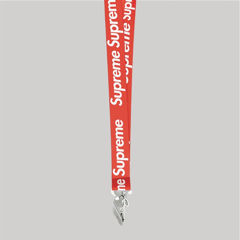 1" Red custom lanyard printed with company logo with Bulldog Clip attachment 1" 1