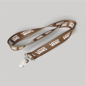 5/8" Brown custom lanyard printed with company logo with Bulldog Clip attachment 0.625" 1 5/8" Brown custom lanyard printed with company logo with Bulldog Clip attachment 0.625" 1