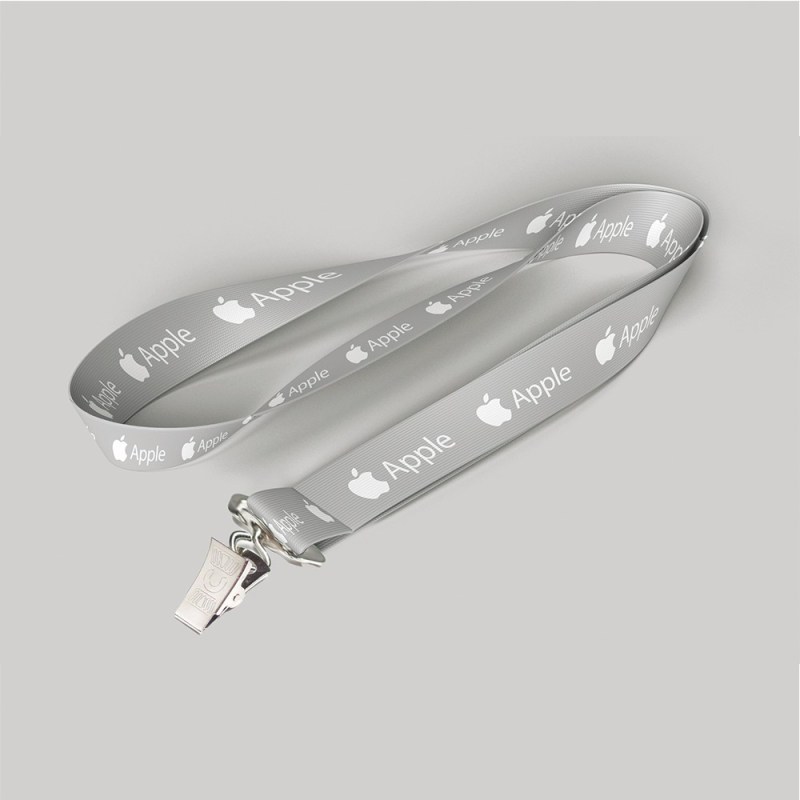 3/4" Gray custom lanyard printed with company logo with Bulldog Clip attachment 0.75" 1 3/4" Gray custom lanyard printed with company logo with Bulldog Clip attachment 0.75" 1