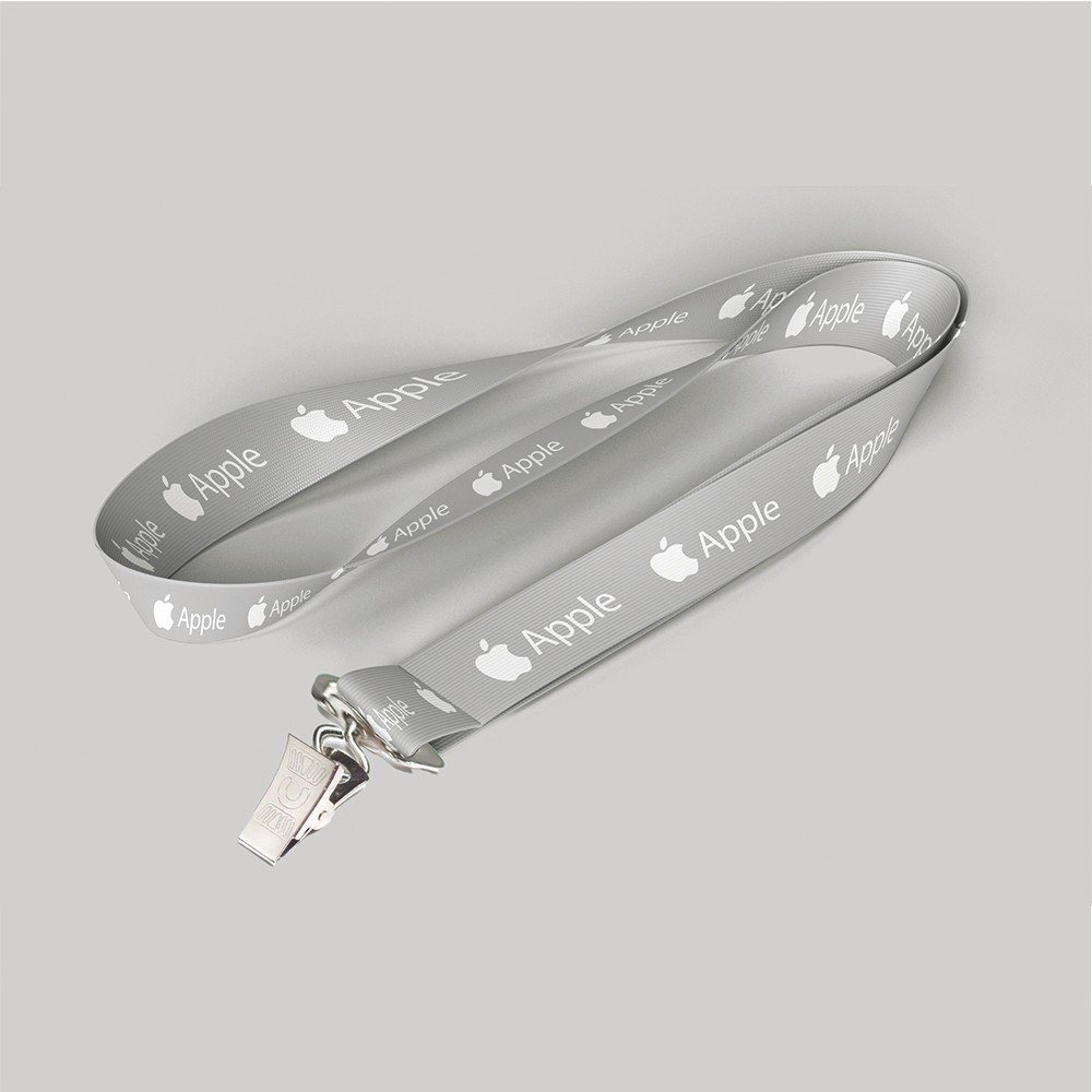 3/4" Gray custom lanyard printed with company logo with Bulldog Clip attachment 0.75" 1