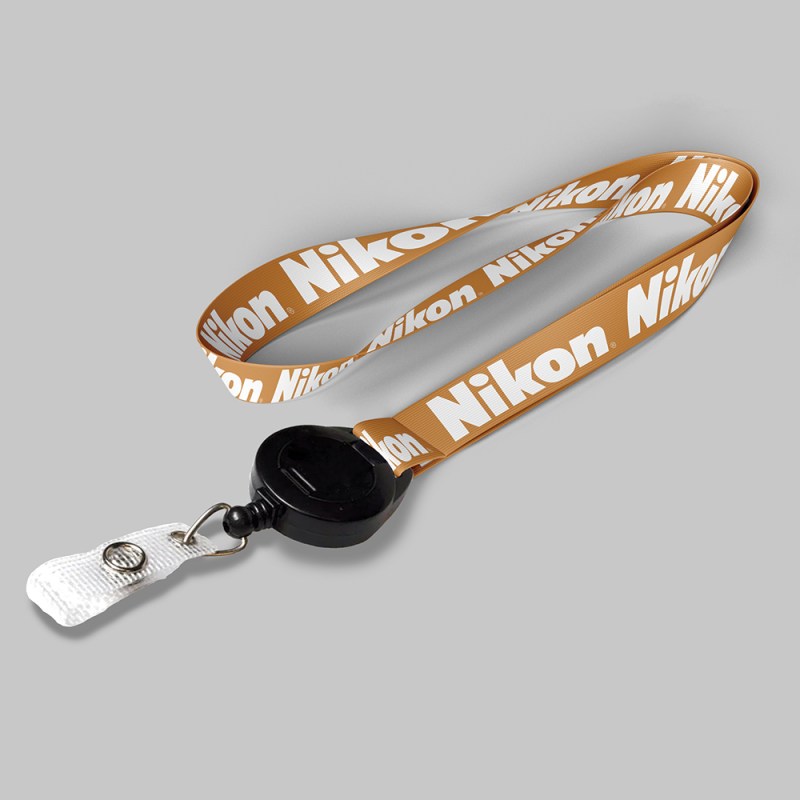 5/8" Dark Yellow custom lanyard printed with company logo with Black Badge Reel attachment 0.625" 1 5/8" Dark Yellow custom lanyard printed with company logo with Black Badge Reel attachment 0.625" 1