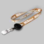 5/8" Dark Yellow custom lanyard printed with company logo with Black Badge Reel attachment 0.625" 1 5/8" Dark Yellow custom lanyard printed with company logo with Black Badge Reel attachment 0.625" 1