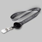 5/8" Charcoal custom lanyard printed with company logo with Black Badge Reel attachment 0.625" 1 5/8" Charcoal custom lanyard printed with company logo with Black Badge Reel attachment 0.625" 1