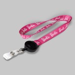3/4" Pink custom lanyard printed with company logo with Black Badge Reel attachment 0.75" 1 3/4" Pink custom lanyard printed with company logo with Black Badge Reel attachment 0.75" 1