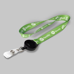3/4" Forest green custom lanyard printed with company logo with Black Badge Reel attachment 0.75" 1 3/4" Forest green custom lanyard printed with company logo with Black Badge Reel attachment 0.75" 1