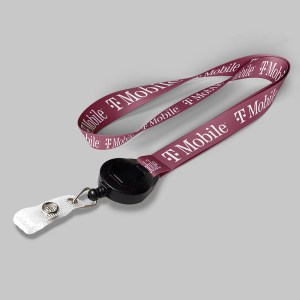 1/2" Fuchsia custom lanyard printed with company logo with Black Badge Reel attachment 0.50" 1 1/2" Fuchsia custom lanyard printed with company logo with Black Badge Reel attachment 0.50" 1