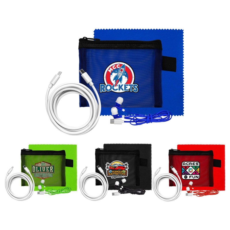 Mesh 6%27 C to C Cable, Cloth & Ear Bud Set 1 Mesh 6%27 C to C Cable, Cloth & Ear Bud Set 1