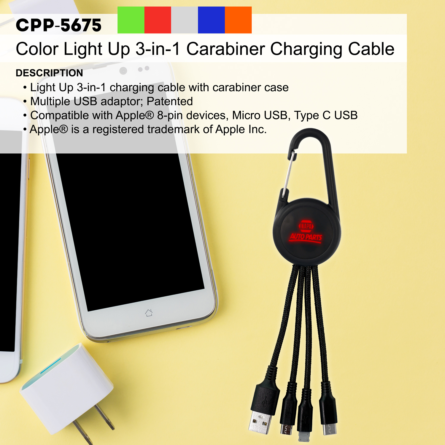 Color Light Up 3-in-1 Carabiner Charging Cable 1
