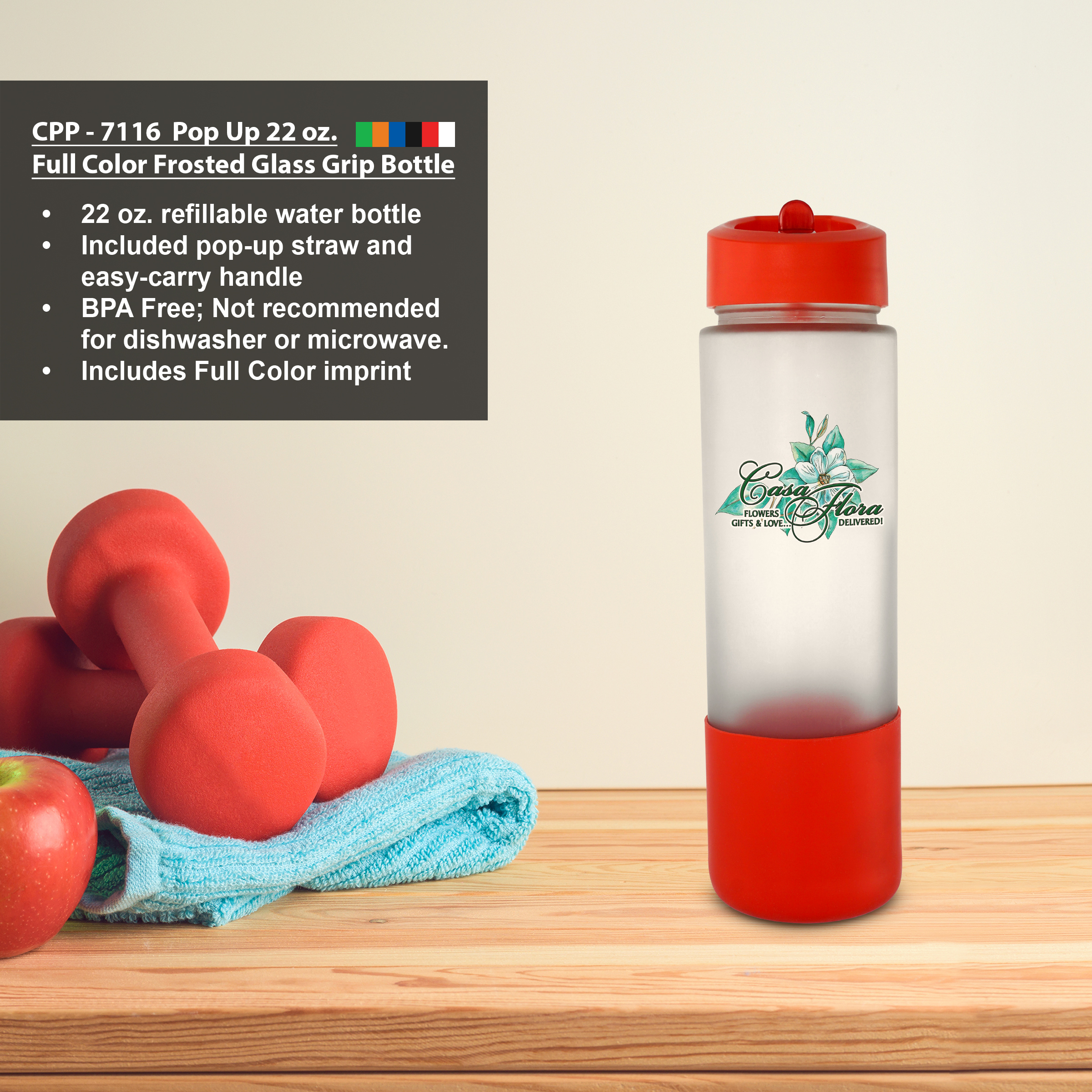 Pop Up 22 oz. Full Color Frosted Glass Grip Bottle 1