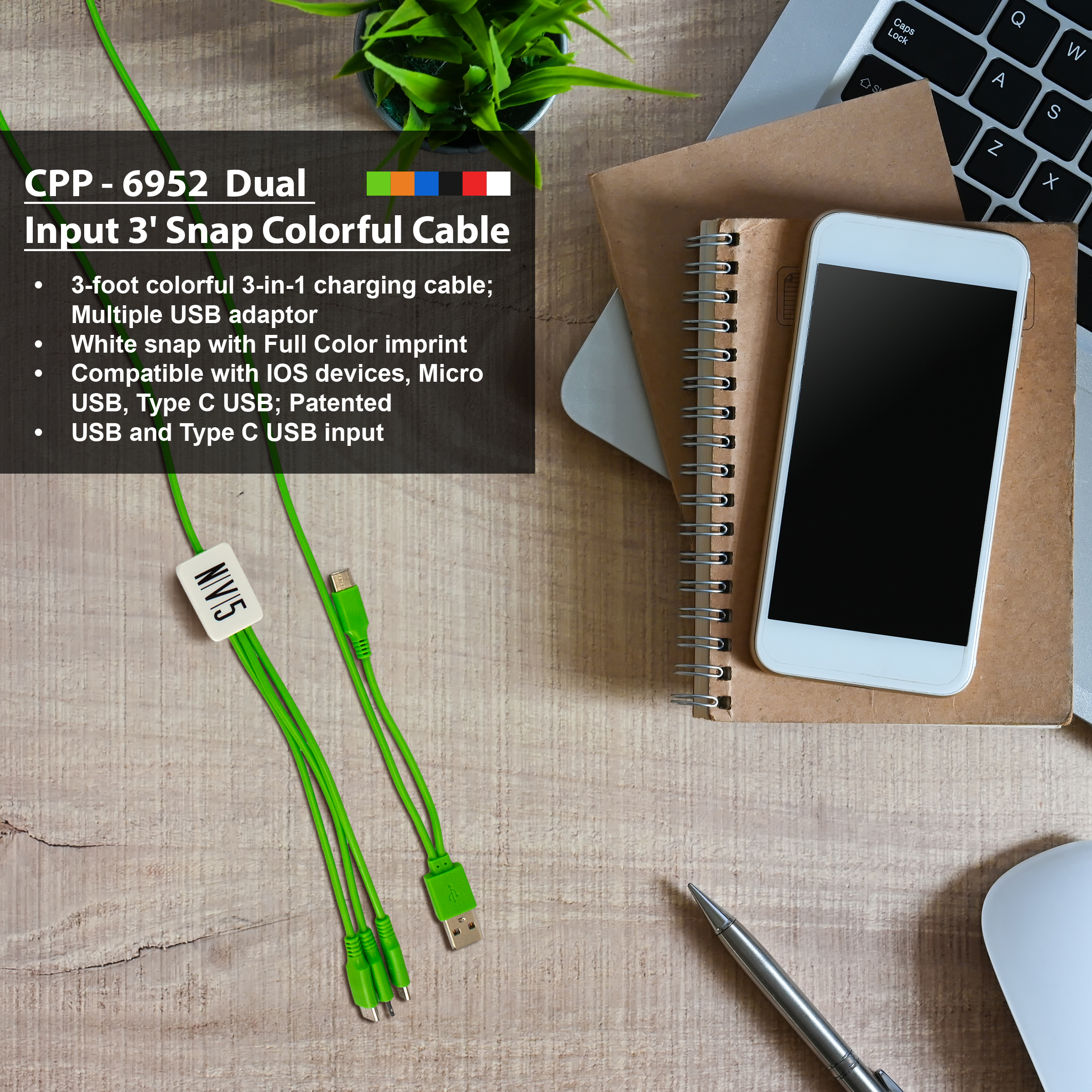 Dual Input 3' Snap Colorful Cable 1