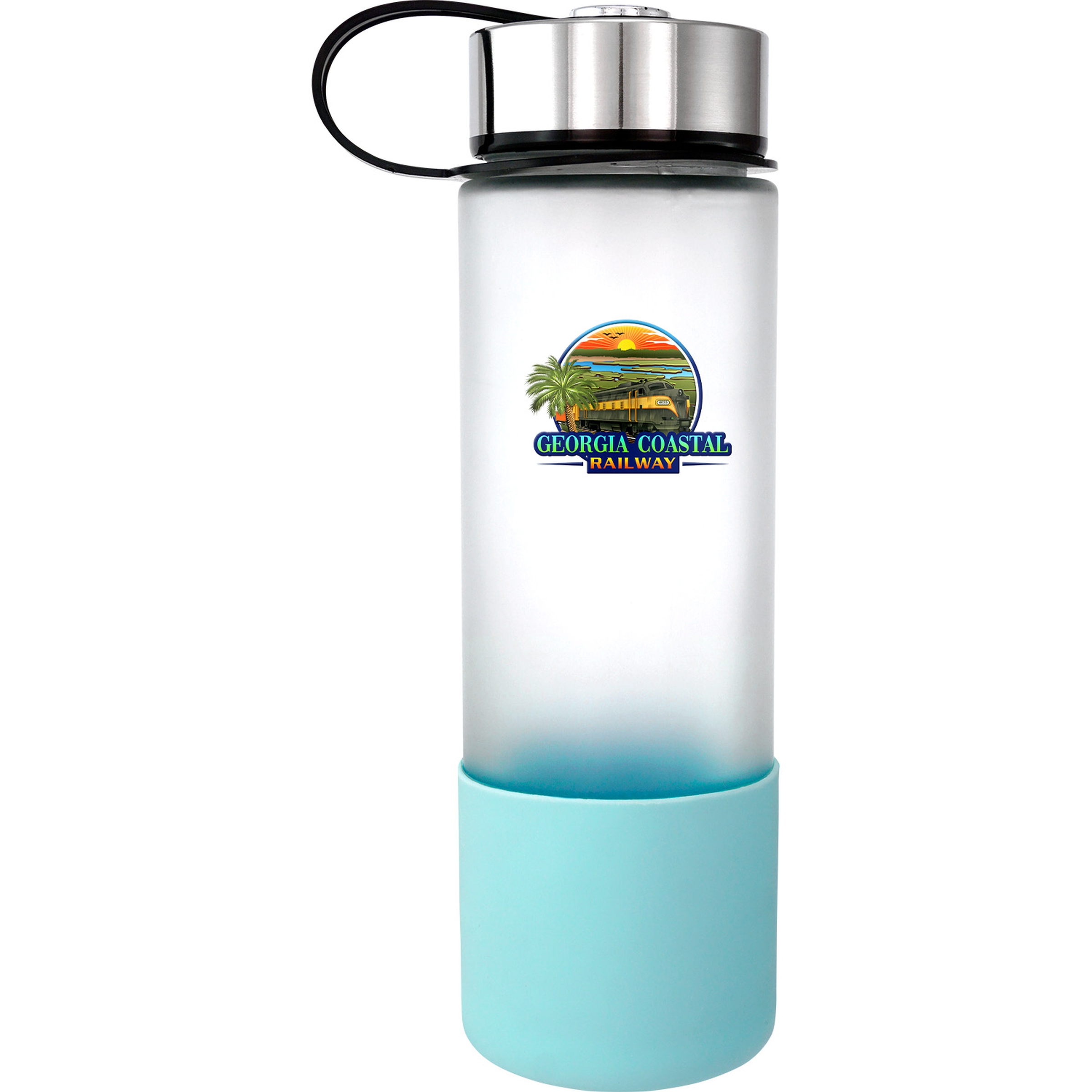 Metal Lanyard Lid 22 oz. Full Color Frosted Glass Grip Bottle 1