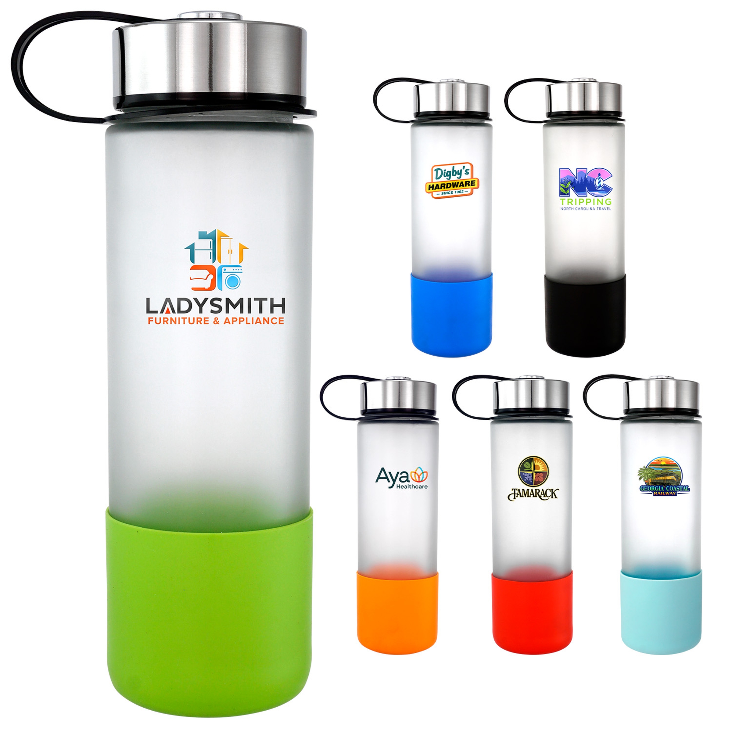 Metal Lanyard Lid 22 oz. Full Color Frosted Glass Grip Bottle 1