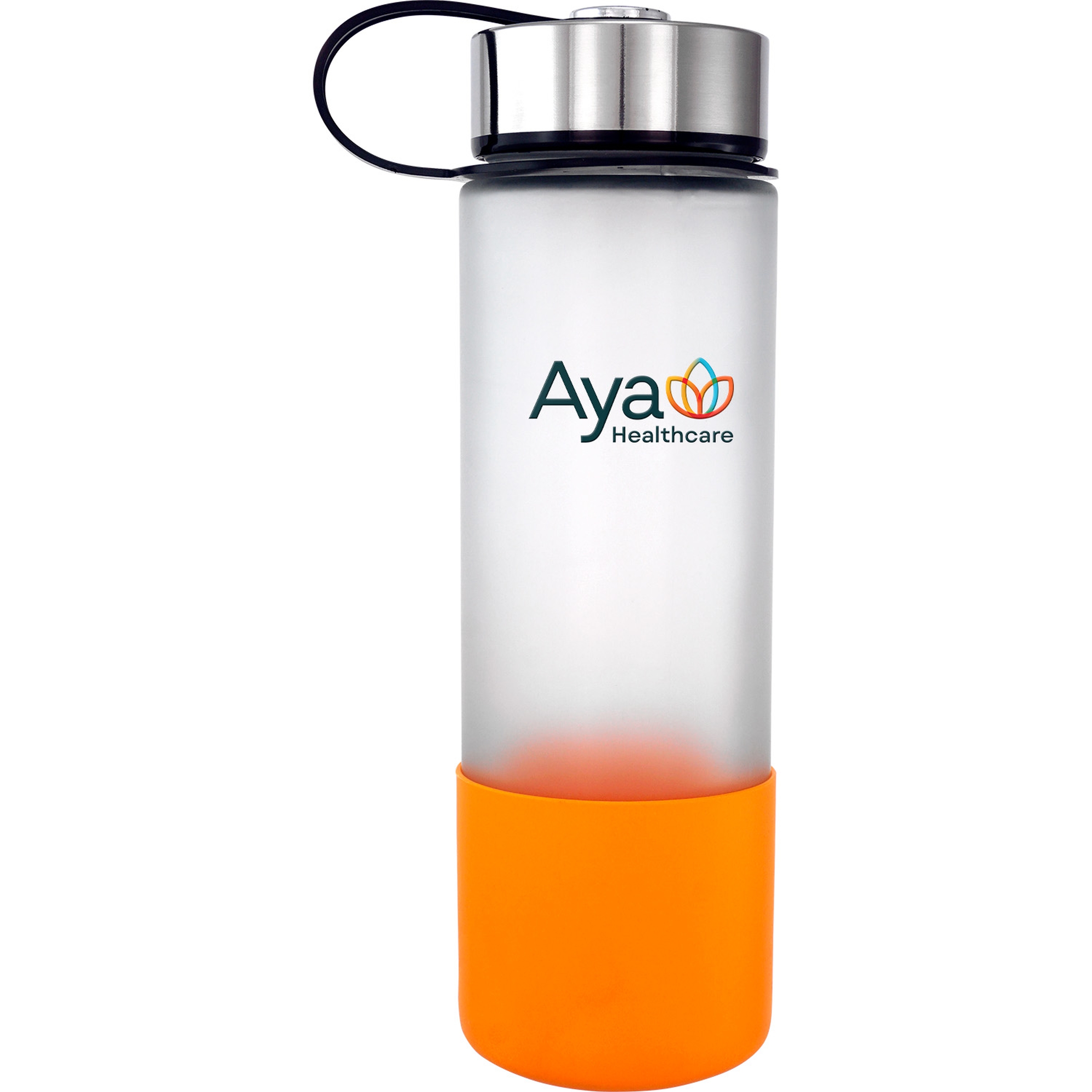 Metal Lanyard Lid 22 oz. Full Color Frosted Glass Grip Bottle 1