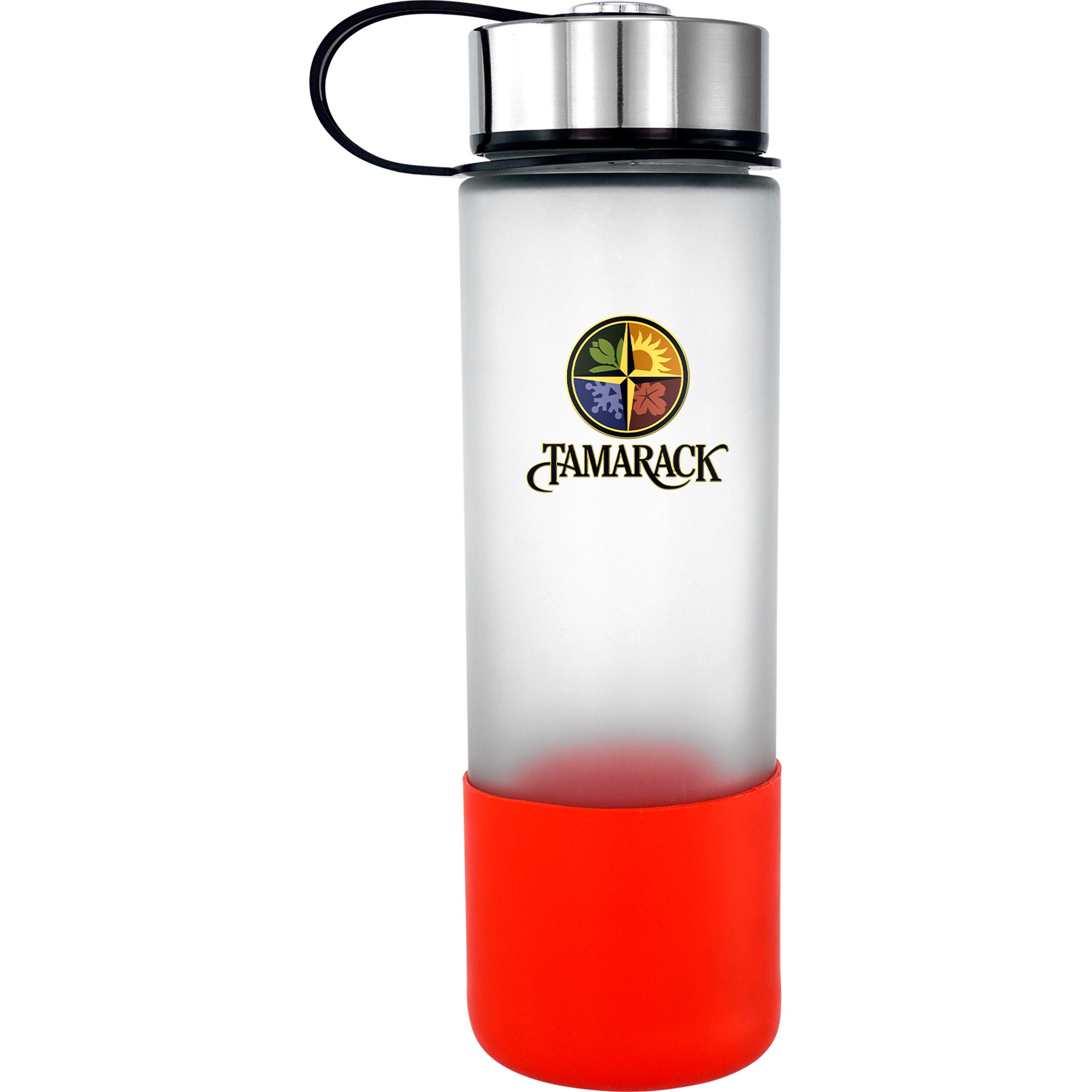 Metal Lanyard Lid 22 oz. Full Color Frosted Glass Grip Bottle 1