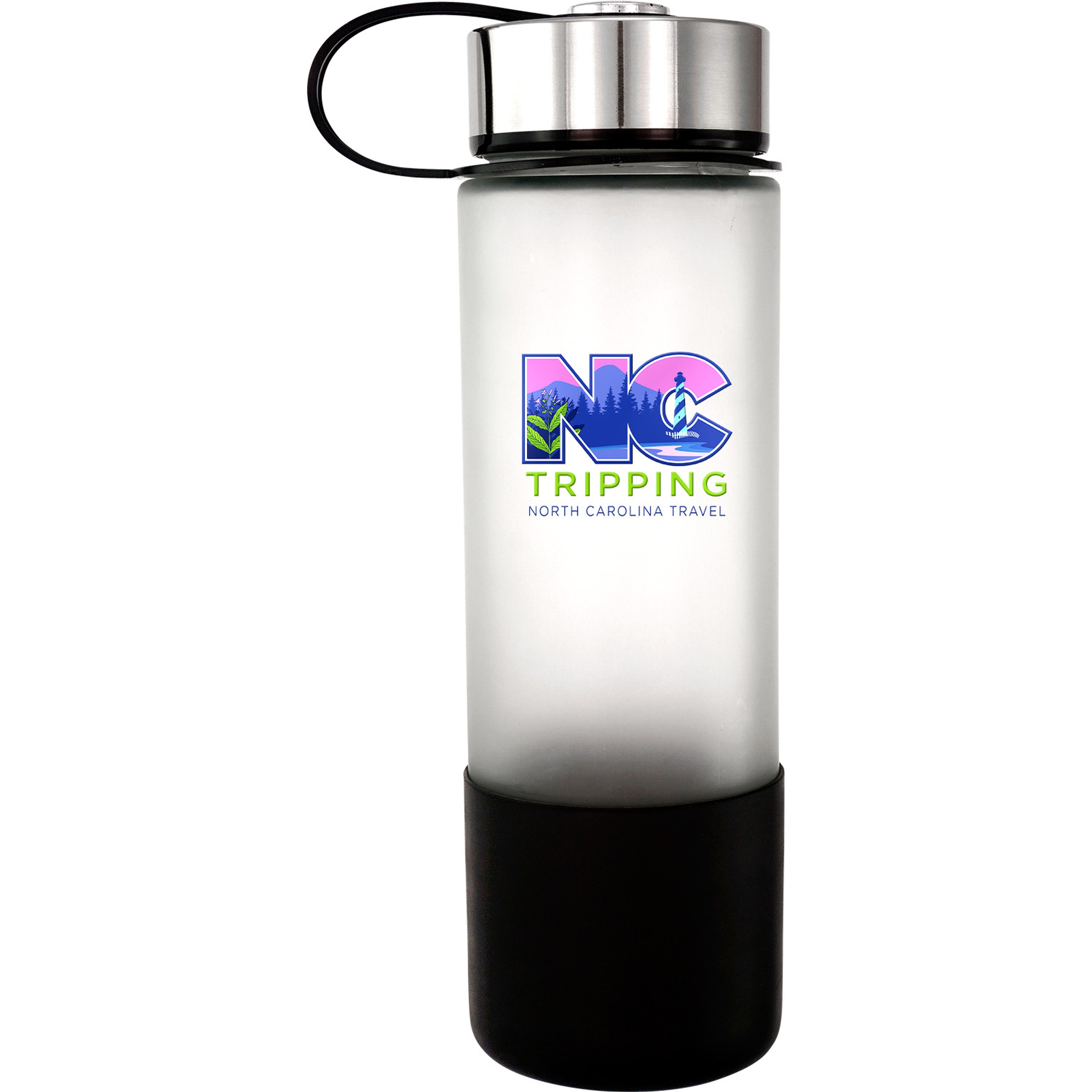 Metal Lanyard Lid 22 oz. Full Color Frosted Glass Grip Bottle 1