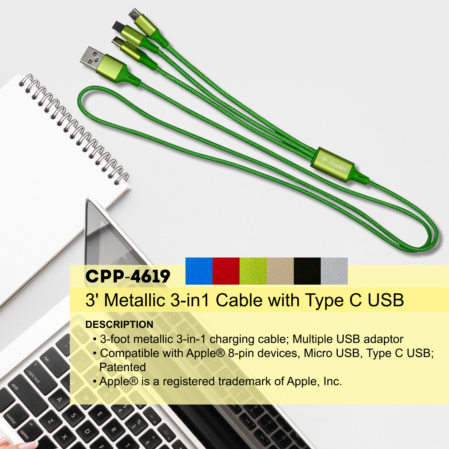 3' Metallic 3-in-1 Cable with Type C USB 1