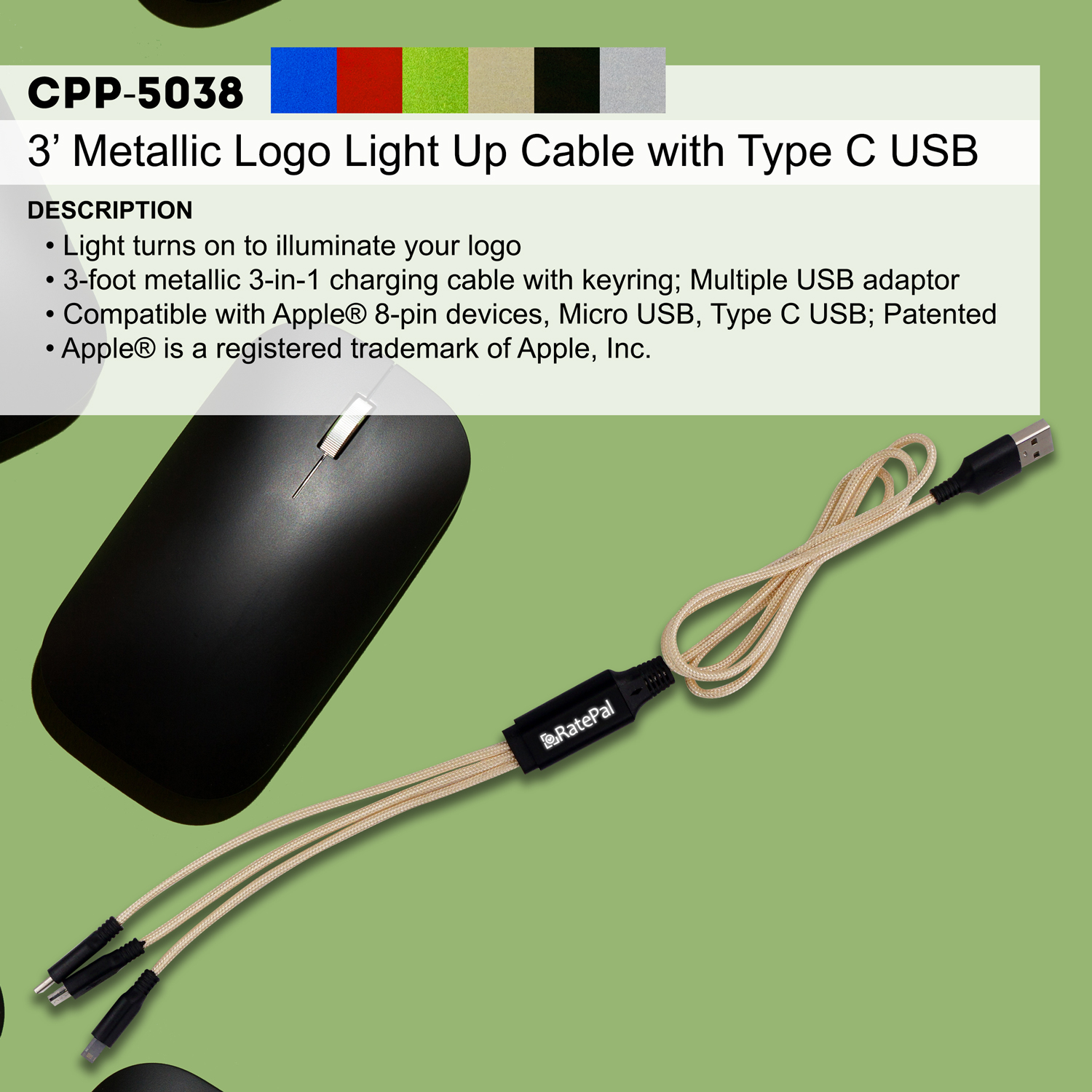 3' Metallic Logo Light Up Cable with Type C USB 1