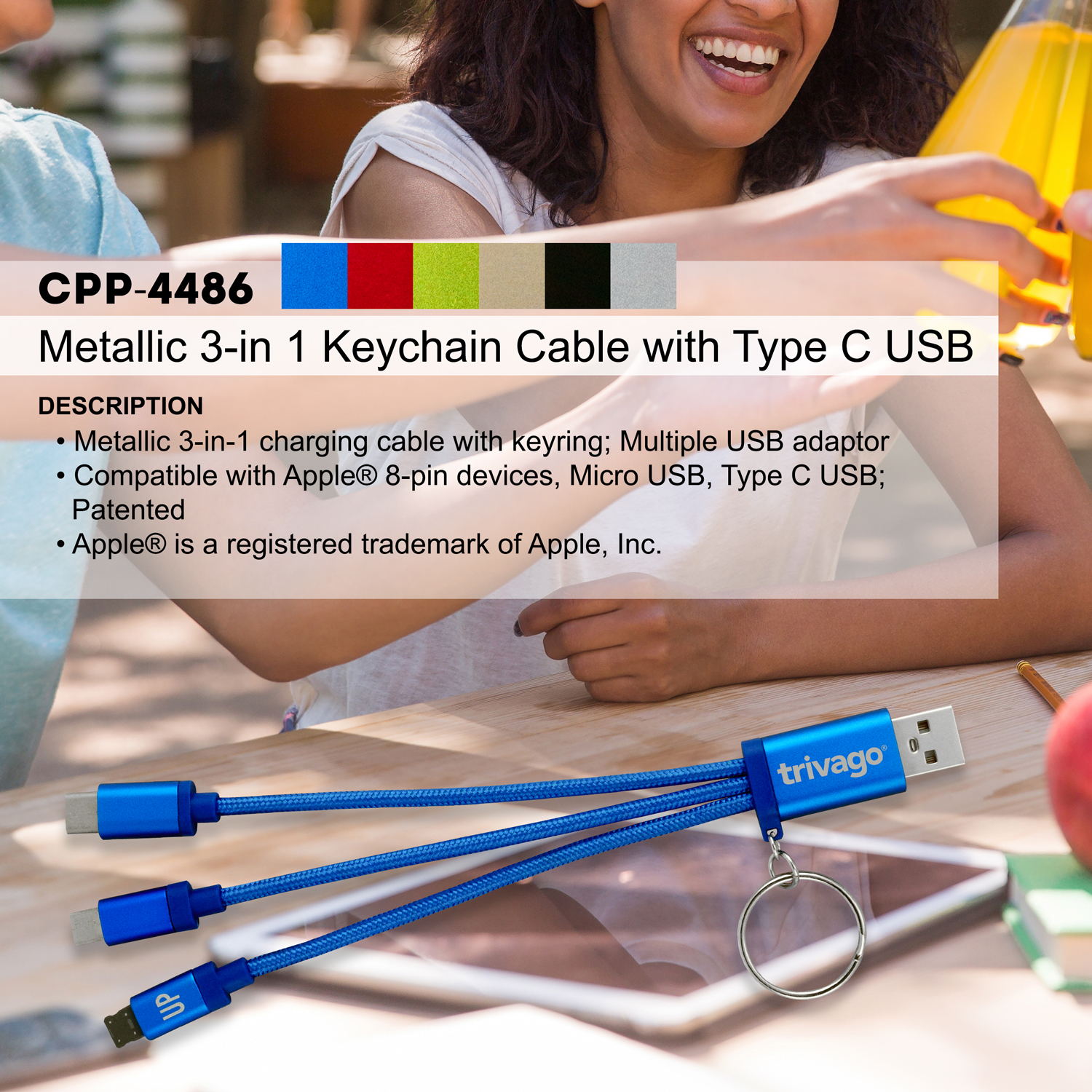 Metallic 3-in-1 Keychain Cable with Type C USB 1
