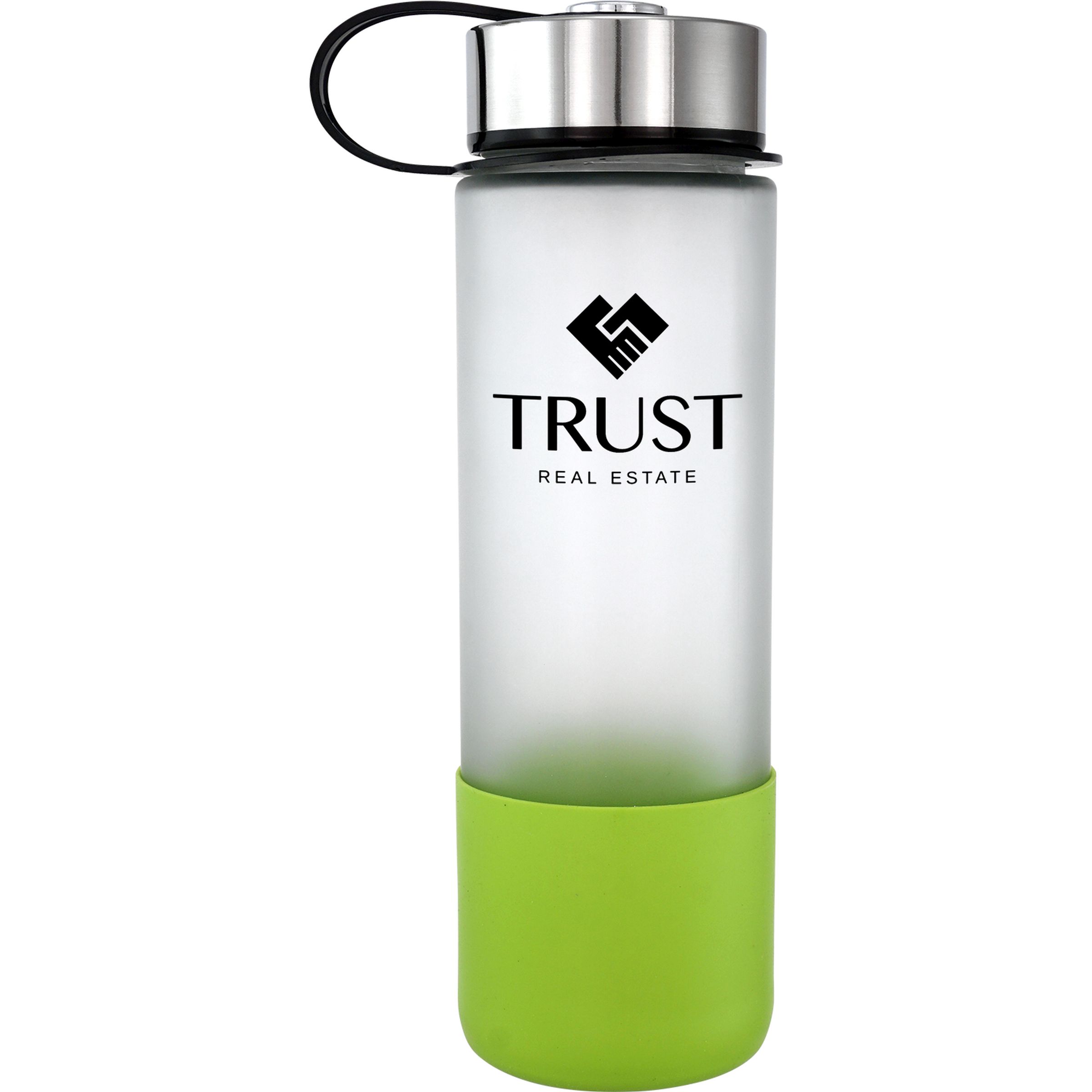 Metal Lanyard Lid 22 oz. Frosted Glass Grip Bottle 1