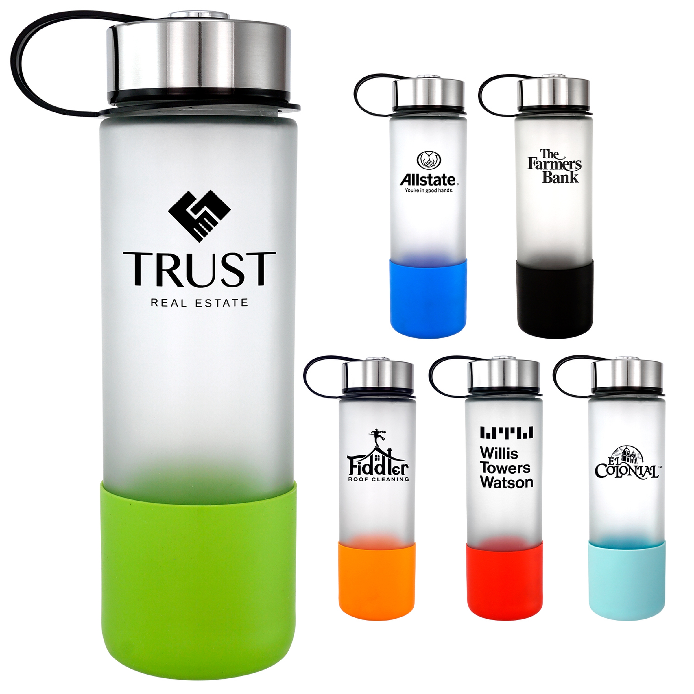 Metal Lanyard Lid 22 oz. Frosted Glass Grip Bottle 1